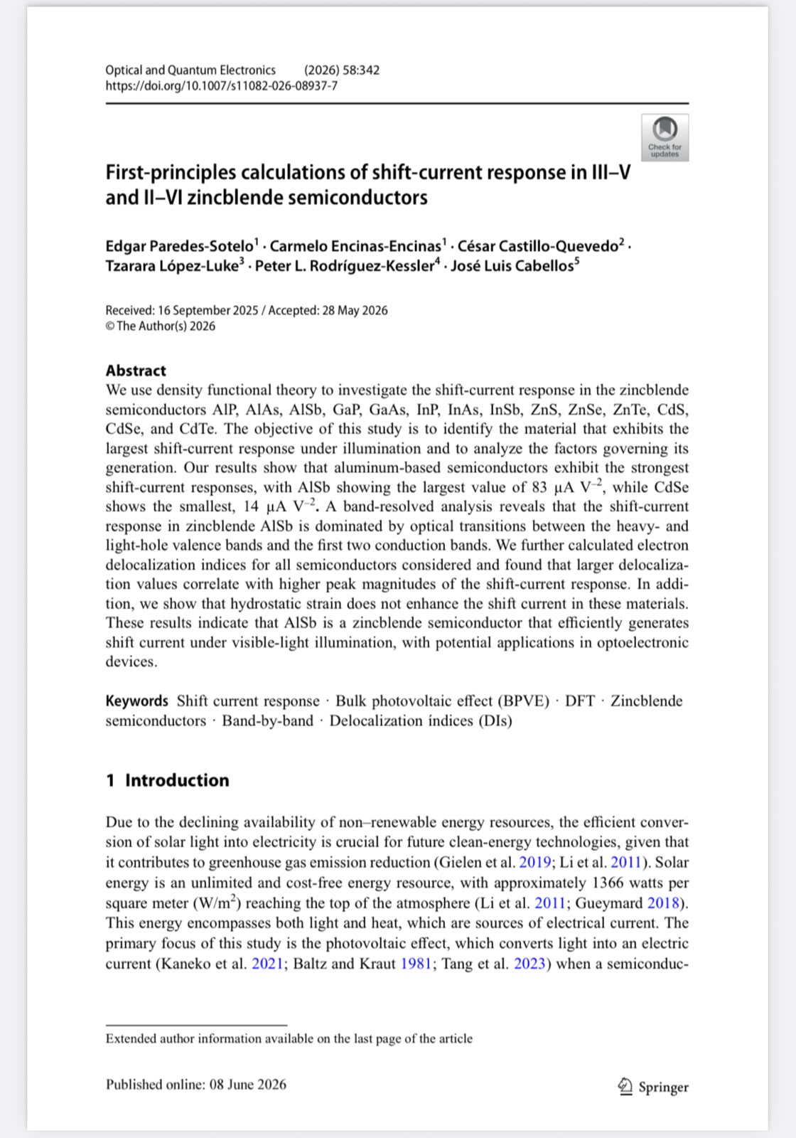 INVESTIGACIÓN DE VANGUARDIA: LA UPTAP LIDERA PUBLICACIÓN EN LA PRESTIGIOSA REVISTA INTERNACIONAL OPTICAL AND QUANTUM ELECTRONICS